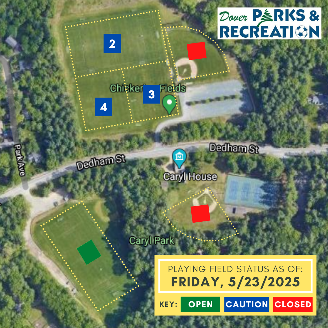 Satellite image of athletic fields play status: Green=Open, Blue=Caution, Red=Closed
