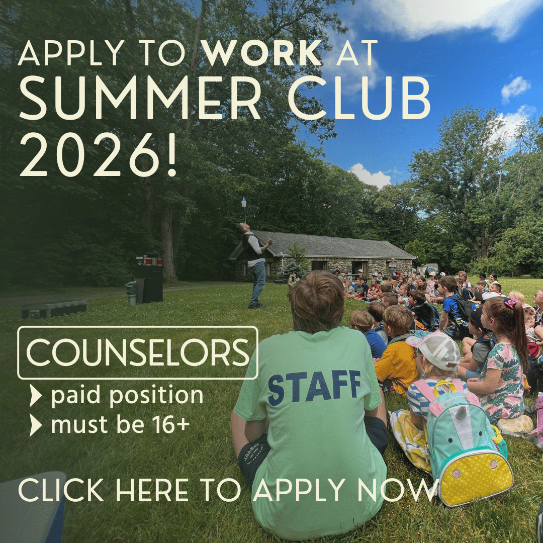 Text over image of a camp counselor and a group of children watching a magician performance outdoors