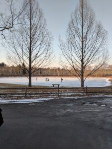 frozen pond in distance with ice skaters