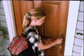 Graphic of Girl unlocking door and home alone