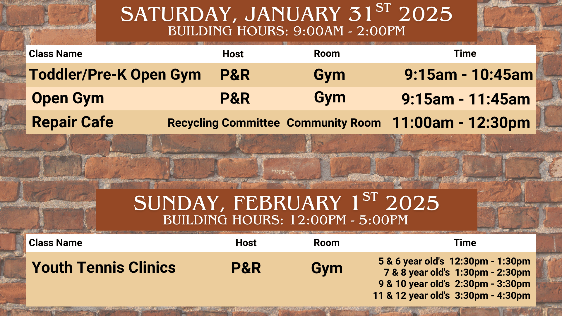 Community Center Schedule, 1/31 & 2/1 (all text)